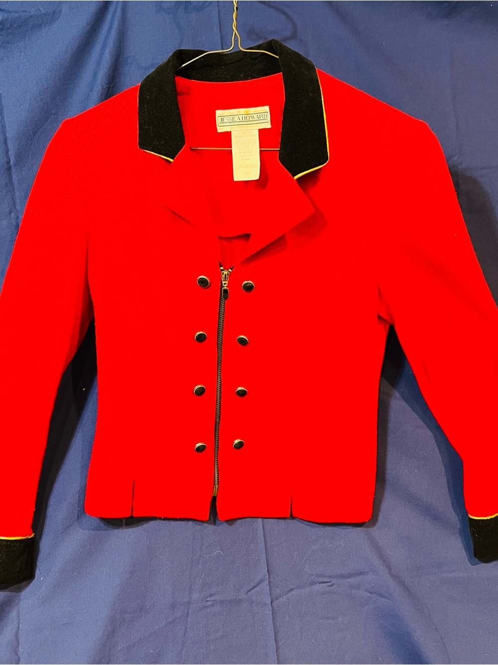 Jessica Howard Petite 8 Red Sweater Jacket Black Velvet Cuffs Military Blazer